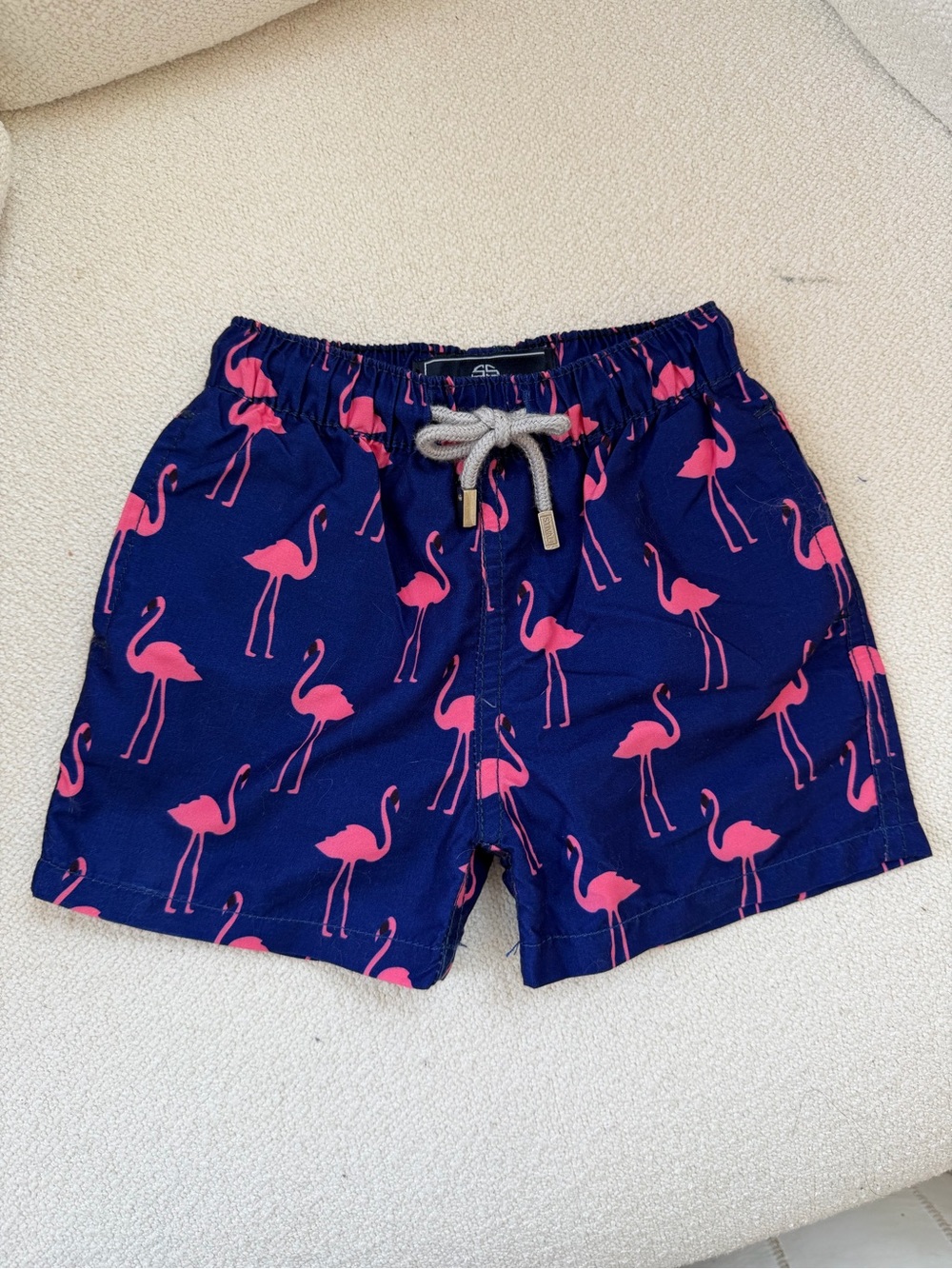 Stivali Boys Navy Blue Swim Trunks with Pink Flamingo Print, Size 12M